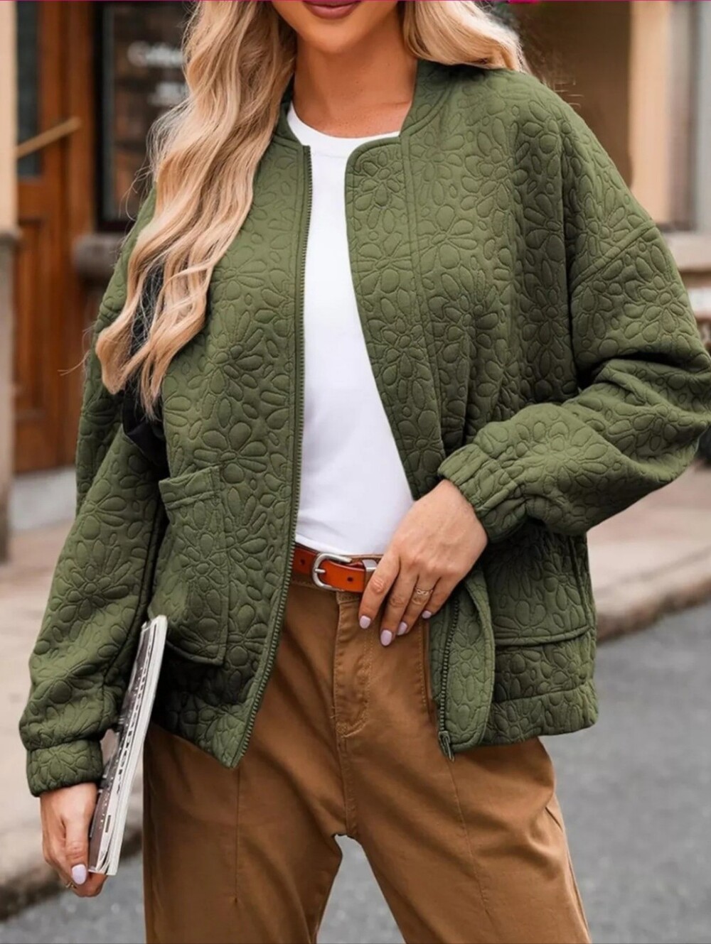 NWOT Quilted Floral Print Olive Green Zip Up Jacket